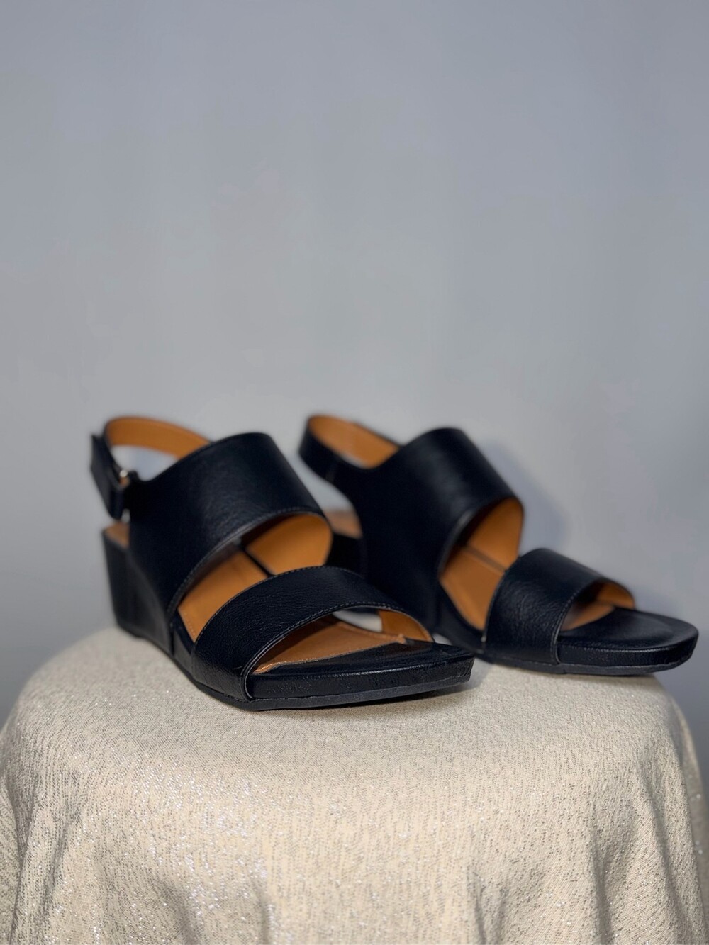 Eurosoft Reba Women's Black Strappy Wedge Sandals Comfort Slingback Size 10